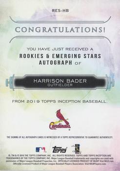 2019 Topps Inception - Rookies & Emerging Stars Autographs #RES-HB Harrison Bader Back