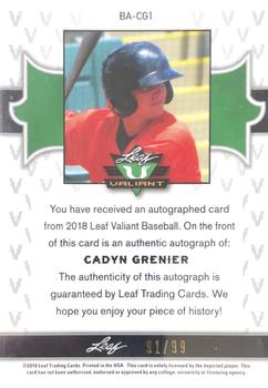 2018 Leaf Valiant - Green #BA-CG1 Cadyn Grenier Back