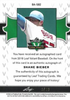 2018 Leaf Valiant - Green #BA-SB2 Shane Bieber Back