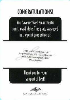 2018 Leaf Valiant - Printing Plates Magenta #BA-SB2 Shane Bieber Back
