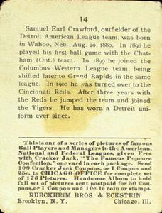 1914 Cracker Jack (E145) #14 Sam Crawford Back