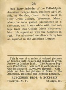 1914 Cracker Jack (E145) #28 Jack Barry Back