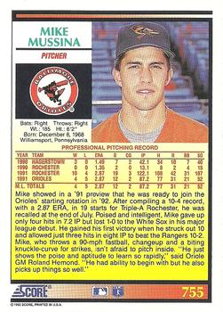 1992 Score #755 Mike Mussina Back