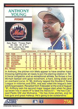 1992 Score #756 Anthony Young Back