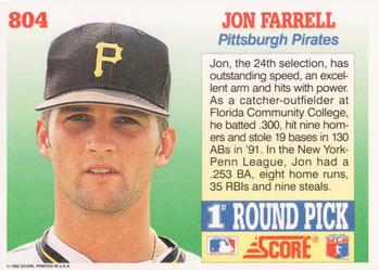 1992 Score #804 Jon Farrell Back