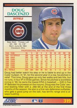 1992 Score #319 Doug Dascenzo Back