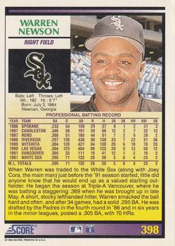 1992 Score #398 Warren Newson Back