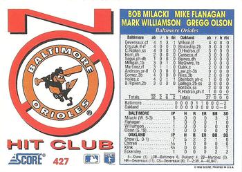 1992 Score #427 Bob Milacki / Mike Flanagan / Mark Williamson / Gregg Olson Back