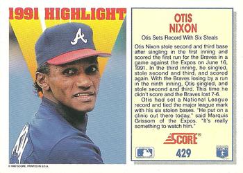 1992 Score #429 Otis Nixon Back