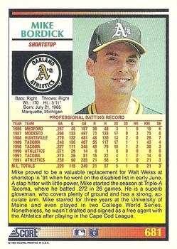 1992 Score #681 Mike Bordick Back