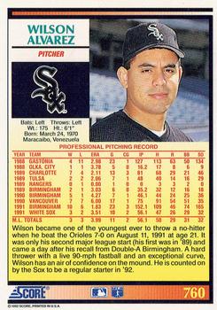 1992 Score #760 Wilson Alvarez Back