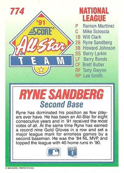 1992 Score #774 Ryne Sandberg Back