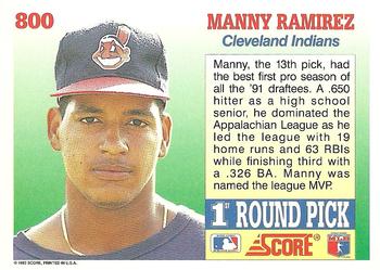 1992 Score #800 Manny Ramirez Back