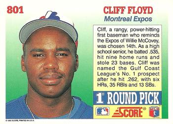 1992 Score #801 Cliff Floyd Back