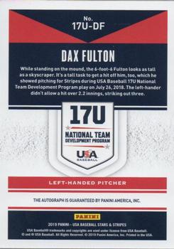 2019 Panini USA Baseball Stars & Stripes - 17U National Team Signatures #17U-DF Dax Fulton Back