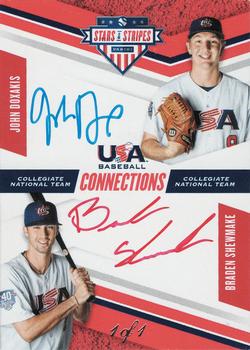 2019 Panini USA Baseball Stars & Stripes - CNT Connections Signatures Red White Blue Ink #JD BS John Doxakis / Braden Shewmake Front