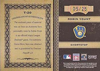 2005 Playoff Prime Cuts - Timeline Material Jersey Number Prime #T-20 Robin Yount Back