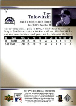 2007 Upper Deck First Edition #17 Troy Tulowitzki Back