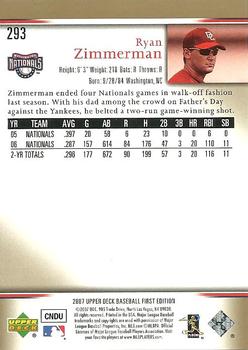 2007 Upper Deck First Edition #293 Ryan Zimmerman Back