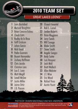 2010 Choice Great Lakes Loons #NNO Team Logo Checklist Back