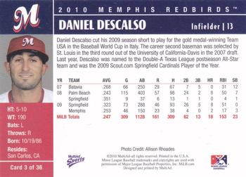 2010 MultiAd Memphis Redbirds #3 Daniel Descalso Back