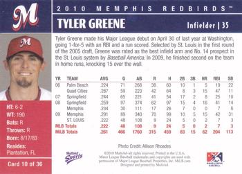 2010 MultiAd Memphis Redbirds #10 Tyler Greene Back