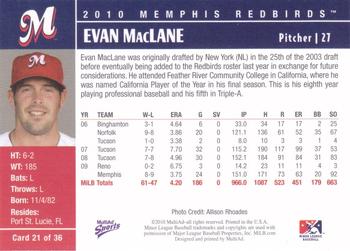 2010 MultiAd Memphis Redbirds #21 Evan MacLane Back