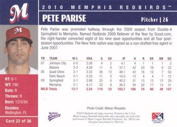 2010 MultiAd Memphis Redbirds #22 Pete Parise Back
