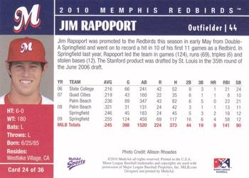 2010 MultiAd Memphis Redbirds #24 Jim Rapoport Back