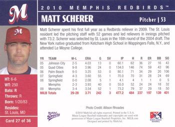 2010 MultiAd Memphis Redbirds #27 Matt Scherer Back