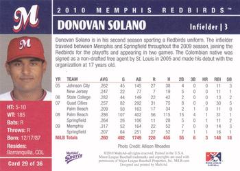2010 MultiAd Memphis Redbirds #29 Donovan Solano Back