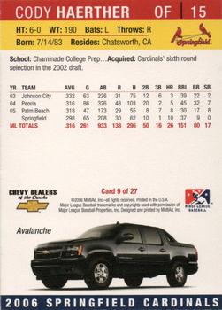 2006 MultiAd Springfield Cardinals (SGA) #9 Cody Haerther Back