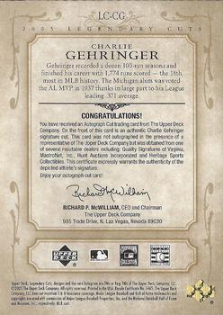 2005 SP Legendary Cuts - Autograph Cuts #LC-CG Charlie Gehringer Back