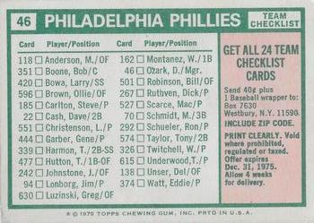 1975 Topps - Team Checklists White Back #46 Philadelphia Phillies / Danny Ozark Back