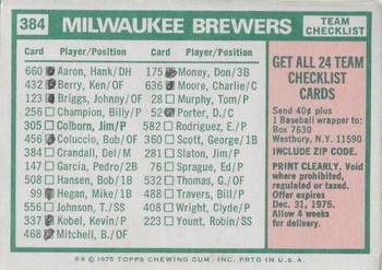 1975 Topps - Team Checklists White Back #384 Milwaukee Brewers / Del Crandall Back