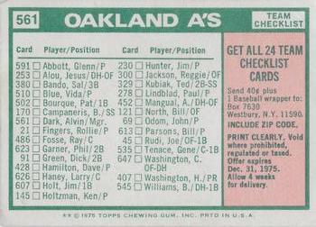 1975 Topps - Team Checklists White Back #561 Oakland A's / Alvin Dark Back
