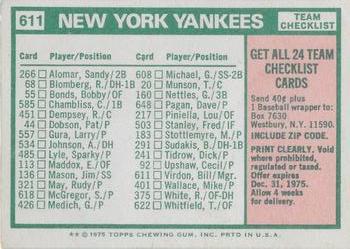 1975 Topps - Team Checklists White Back #611 New York Yankees / Bill Virdon Back