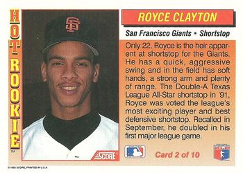 1992 Score - Hot Rookies #2 Royce Clayton Back
