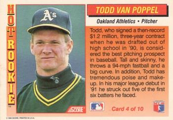 1992 Score - Hot Rookies #4 Todd Van Poppel Back