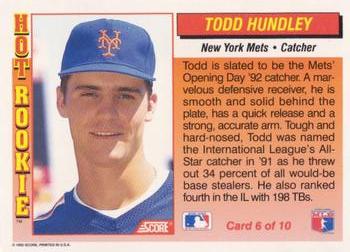 1992 Score - Hot Rookies #6 Todd Hundley Back
