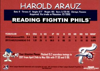 2018 Grandstand Reading Fightin Phils #NNO Harold Arauz Back