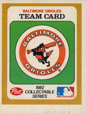 1982 Post Cereal Team Card #NNO Baltimore Orioles Front