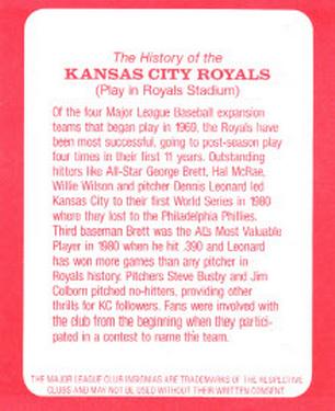 1982 Post Cereal Team Card #NNO Kansas City Royals Back