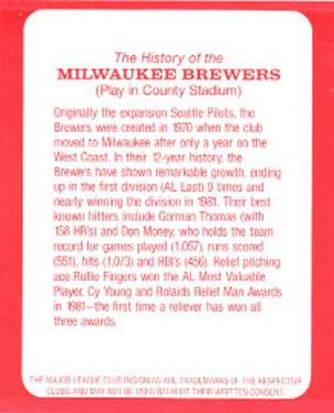 1982 Post Cereal Team Card #NNO Milwaukee Brewers Back