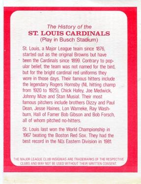 1982 Post Cereal Team Card #NNO St. Louis Cardinals Back