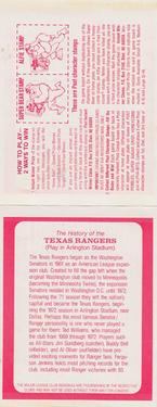 1982 Post Cereal Team Card #NNO Texas Rangers Back
