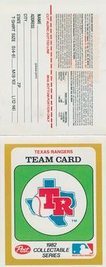 1982 Post Cereal Team Card #NNO Texas Rangers Front