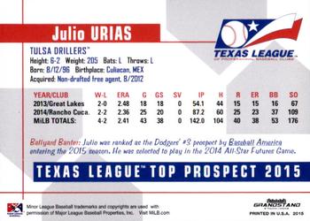 2015 Grandstand Texas League Top Prospects #NNO Julio Urias Back