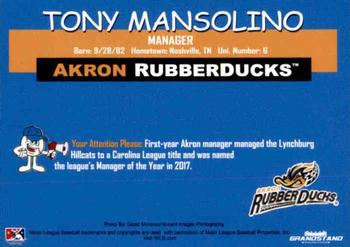 2018 Grandstand Akron RubberDucks #NNO Tony Mansolino Back
