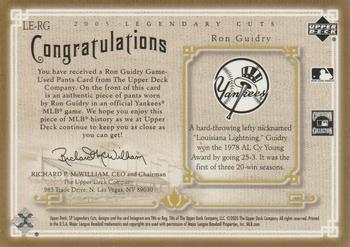 2005 SP Legendary Cuts - Legendary Lineage Material Gold #LE-RG Ron Guidry Back